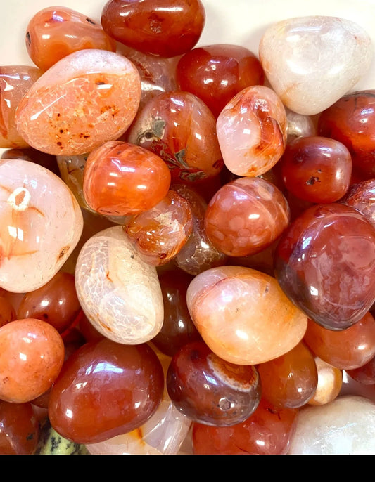 Carnelian gemstones in various shades of red, orange, clear, and milky clear, known for boosting creativity and self-esteem