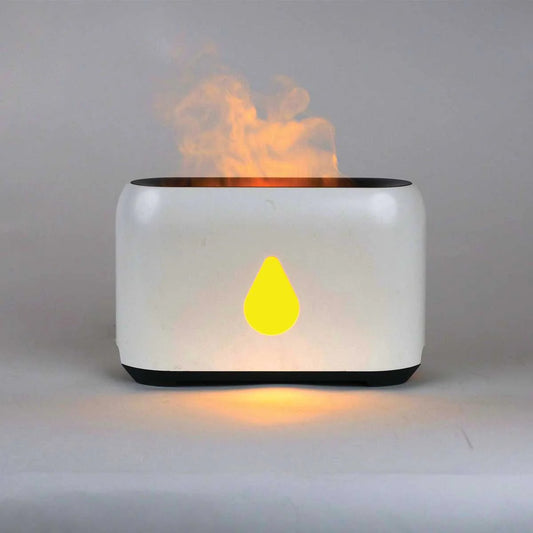 Ultrasonic Aroma Flame Diffuser with flickering flames for a soothing, aromatic atmosphere, featuring a sleek white design.