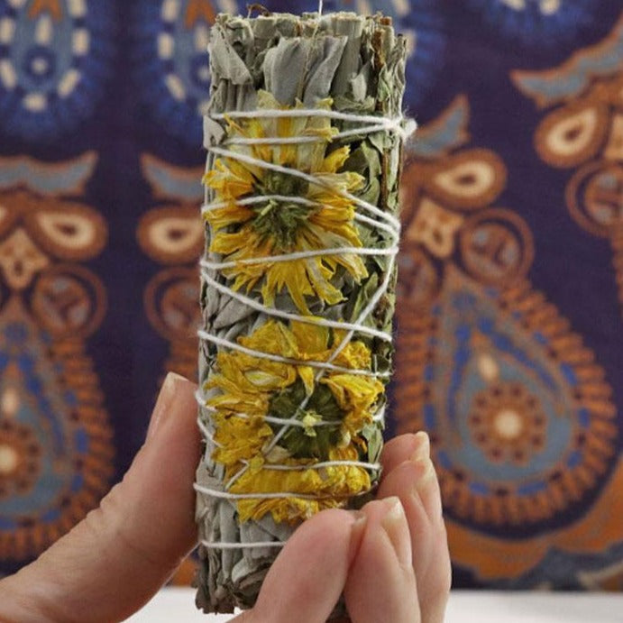 white sage smudge stick 4 inch with yellow daisies and mirton leaves